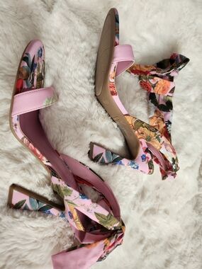 Nine West Pink Floral Ankle-Tie Block Heels